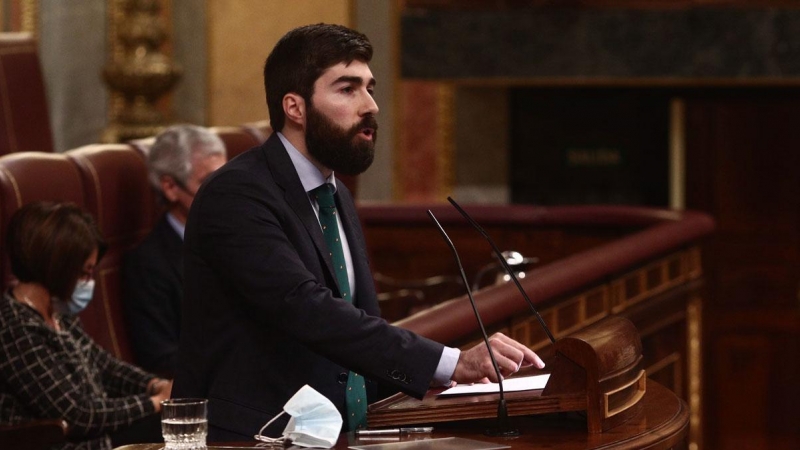 25/02/2021.- El diputado y responsable de Comunicación de Vox, Manuel Mariscal, interviene durante una sesión plenaria celebrada en el Congreso. E. Parra. POOL / Europa Press