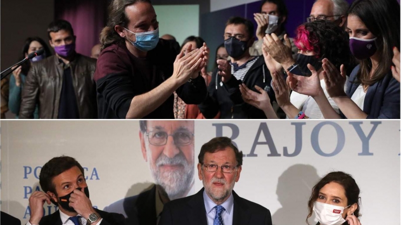 Arriba, Pablo Iglesias, el día que anunció su dimisión. Abajo, el presidente del PP Pablo Casado, la presidenta de la Comunidad de Madrid, Isabel Díaz Ayuso y el expresidente del Gobierno Mariano Rajoy.