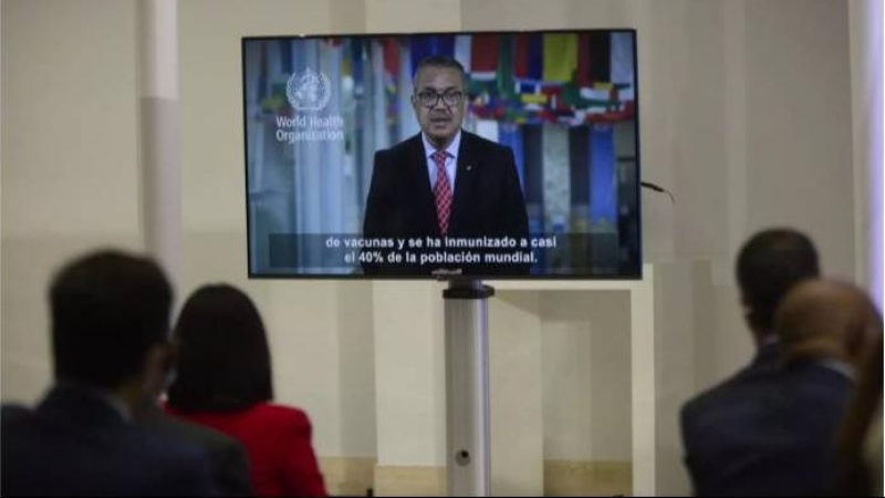 El director general de la OMS, Tedros Adhanom Ghebreyesus, en un vídeo durante el acto 'Vacunación solidaria: cumpliendo compromisos', en La Moncloa, a 22 de noviembre de 2021, en Madrid, (España).