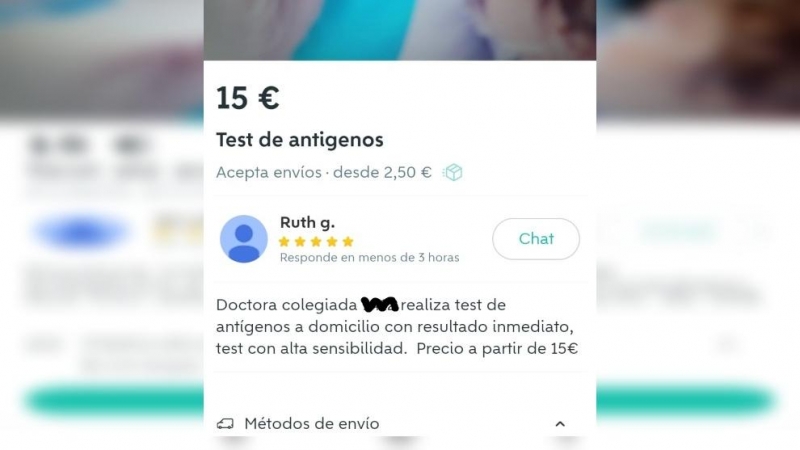 Una enfermera ofrece sus servicios en Wallapop para realizar test de antígenos.