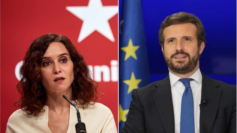 La presidenta de la Comunidad de Madrid, Isabel Díaz Ayuso y el presidente del PP, Pablo Casado, pronunciando sus respectivos discursos de balance de año.
