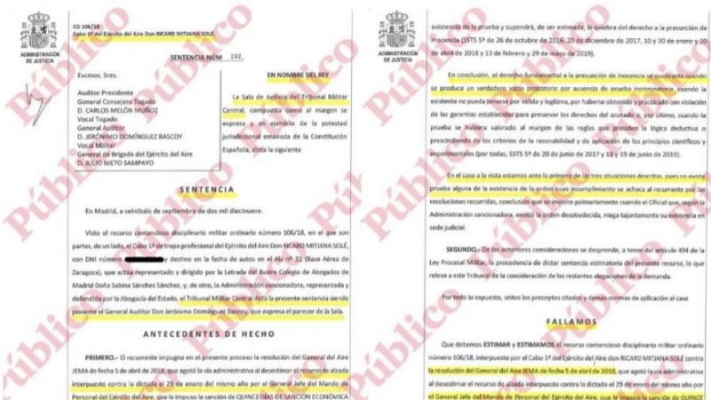 Páginas 1 y 7 de la sentencia de la Sala de Justicia del Tribunal Militar Central, en la que se falla en firme que el general Javier Salto, Jefe del Estado Mayor del Aire, y el general Pedro José Abad, jefe del Mando de Personal del Ejército del Aire, com