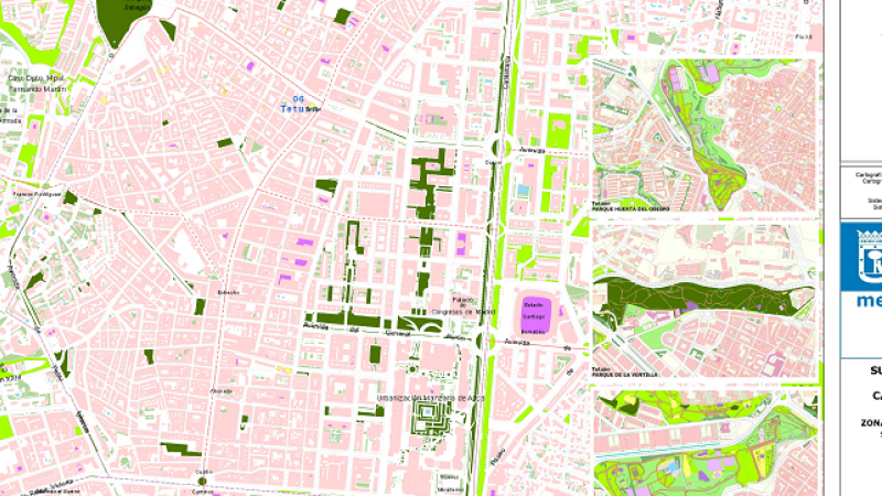 Mapa del Ayuntamiento de Madrid con las zonas verdes en el distrito de Tetuán.