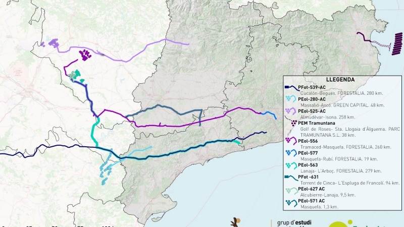 Mapa de les línies de molt alta tensió projectades a Catalunya.