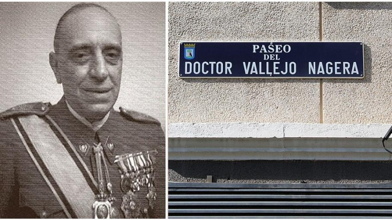 Calle en Madrid del médico franquista Vallejo-Nájera, el Mengele español, junto a una foto de época