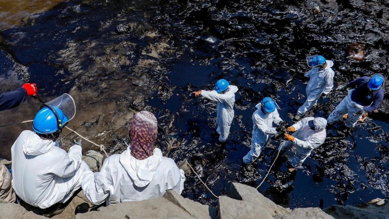 Varios operarios trabajan en labores de limpieza del petróleo derramado en las costas peruanas por la refinería de La Pampilla operada por Repsol.
