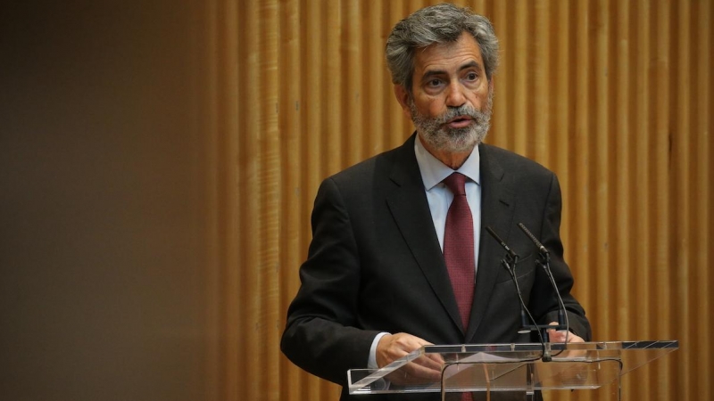 El presidente del CGPJ, Carlos Lesmes, interviene en la jornada en el Congreso de los Diputados sobre el Estado Abierto, a 17 de mayo de 2021, en Madrid.