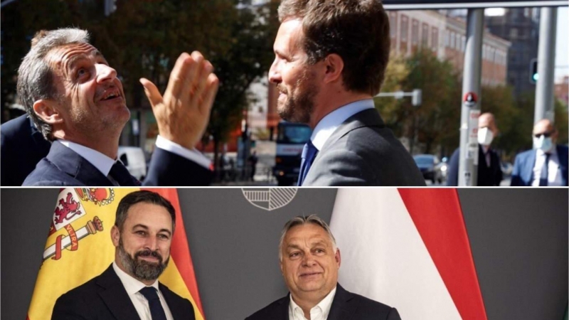 Arriba, Pablo Casado y Nicolás Sarkozy. Abajo, Santiago Abascal y Viktor Orbán.