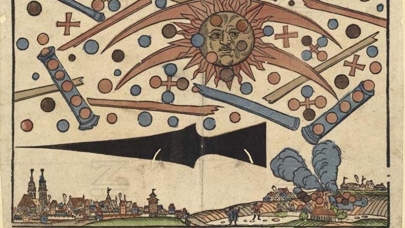 Grabado alemán que refleja un fenómeno acaecido en 1561 en Nuremberg que fue descrito por creyentes de la ufología como una batalla de naves extraterrestres. La Ciencia lo llama 'perro de cielo'