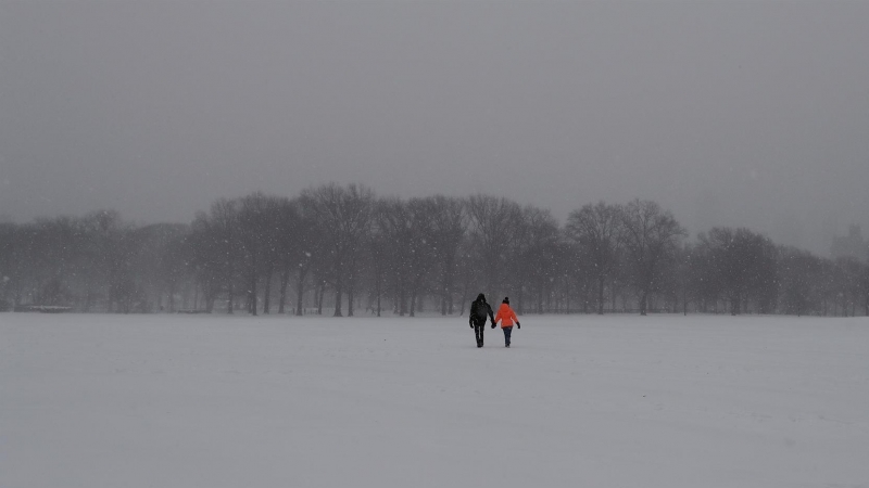 Dos personas se dan la mano mientras cruzan 'Sheep Meadow' cubierto de nieve, en Central Park en Nueva York