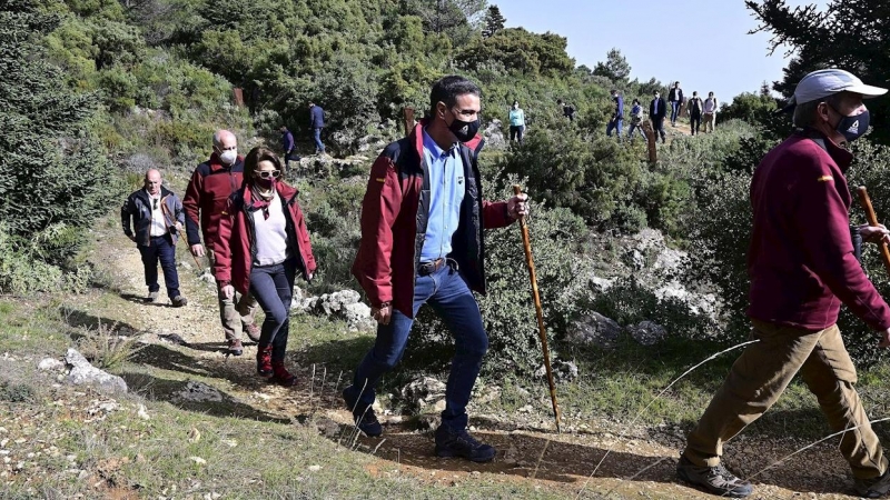 El presidente del Gobierno, Pedro Sánchez, recorre una senda en el Parque de Sierra de las Nieves en Málaga este lunes 31 de enero.