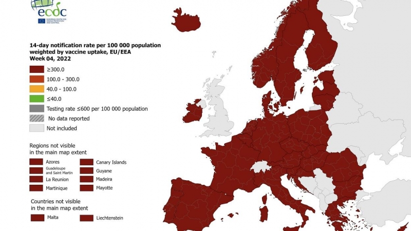 Mapa del Centro Europeo de Prevención y Riesgo de Enfermedades sobre la situación epidemiológica en Europa.