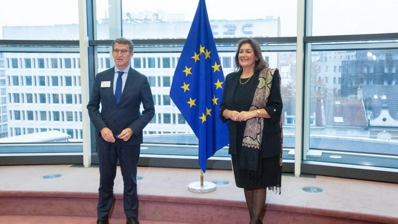 El presidente de la Xunta de Galicia, Alberto Núñez Feijóo, con la comisaria europea para la Democracia y la Demografía, Dubravka Šuica, en una visita a Bruselas en noviembre del 2021.