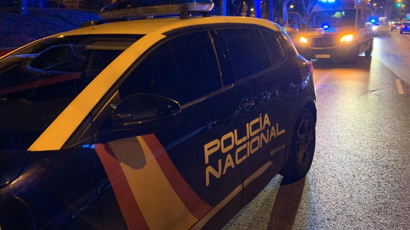 Imagen de un coche de la Policía Nacional en la  la calle José del Hierro de Madrid.