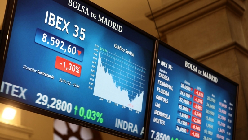 14/02/22-Valores del Ibex 35 en un panel del Palacio de la Bolsa de Madrid (Imagen de archivo).