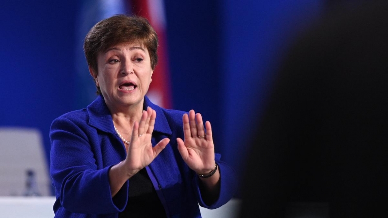 La directora gerente del FMI, Kristalina Georgieva, durante un panel de discusión en la Cumbre Climática de la ONU COP26 en Glasgow el 3 de noviembre de 2021.