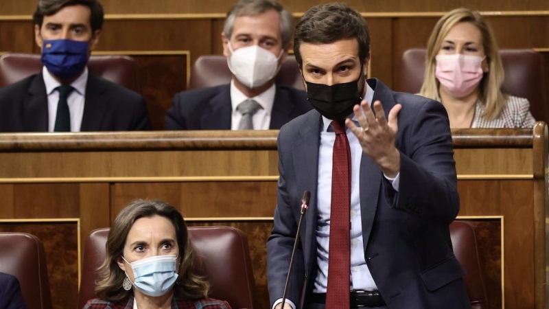 El líder del PP, Pablo Casado, interviene en una sesión plenaria en el Congreso de los Diputados, a 16 de febrero de 2022, en Madrid.