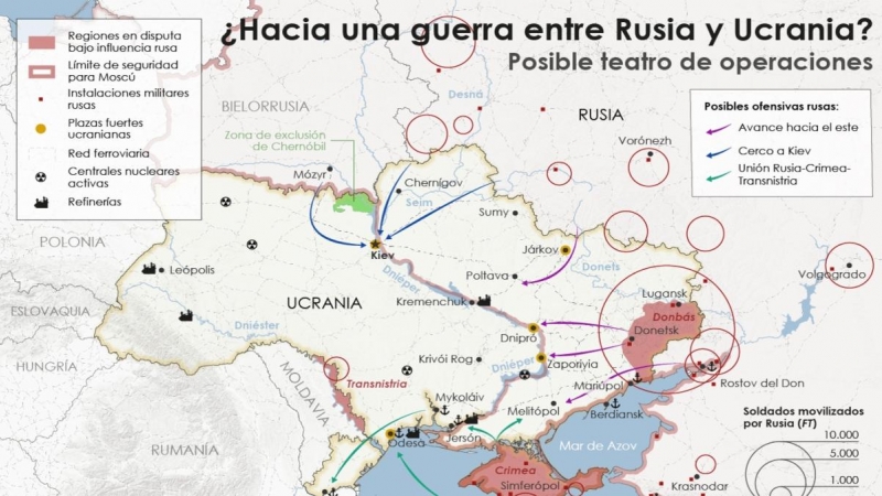 Mapa de las posibles rutas de invasión a Ucrania.