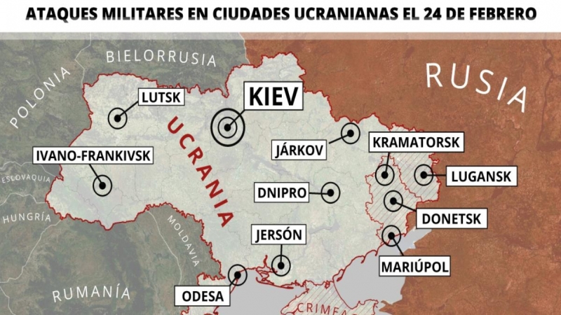Mapa con ciudades de Ucrania atacadas este 24 de febrero.