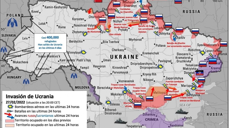 Mapa sobre los bombardeos y avances de Rusia en territorio ucraniano. 27/02/2022
