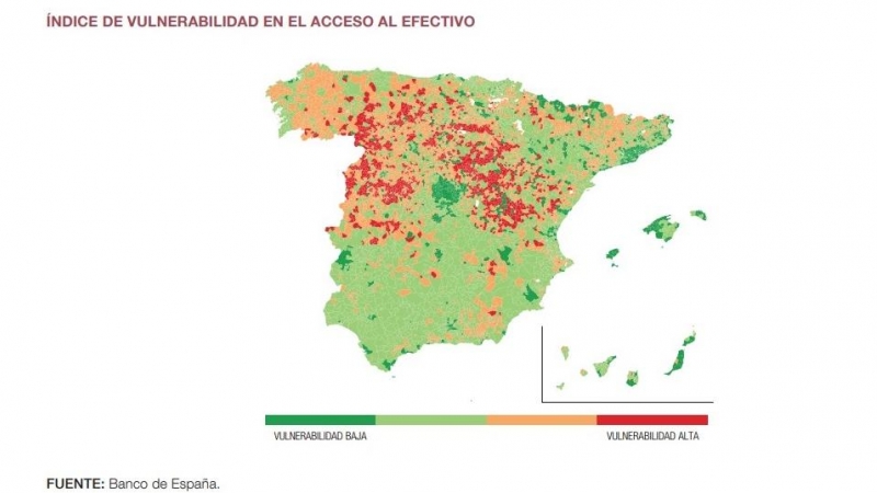 El mapa del Banco de España que indica la dificultad para acceder al dinero en efectivo por municipios replica el de la llamada España vaciada.