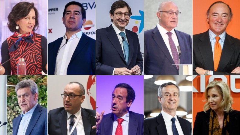 Los jefes de la gran banca: En la fila superior, de izq. a der., Ana Botín (presidenta de Banco Santander), Carlos Torres (presidente de BBVA), José Ignacio Goirigolzarri (presidente de Caixabank), Josep Oliú  (presidente de Banco Sabadell), y Pedro Guerr