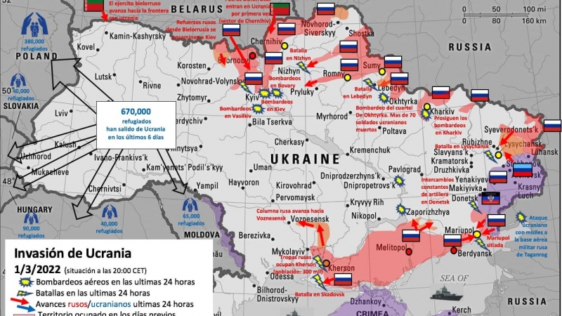 Mapa del avance ruso sobre Ucrania a 1 de abril de 2022.