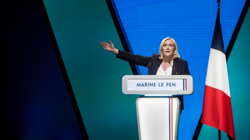 02/03/22. La candidata a la presidencia de Francia, Marine Le Pen, durante un acto de campaña en Reims, a 5 de febrero de 2022.