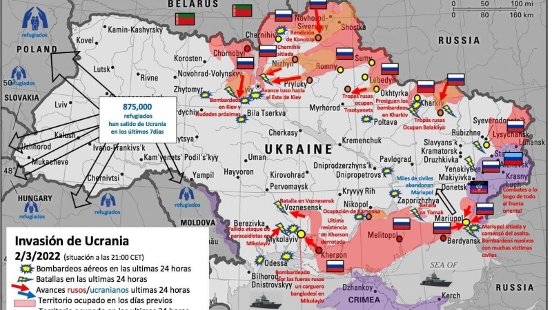 Mapa del avance ruso sobre Ucrania a 2 de abril de 2022.