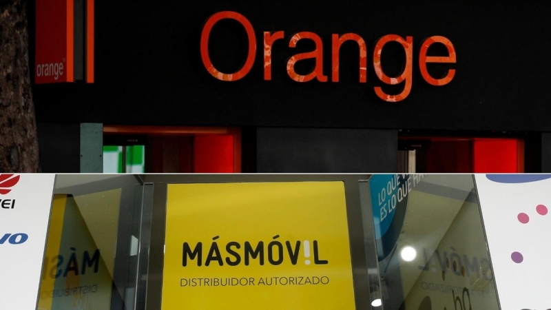 Los logos de Orange y de MasMovil, en sendas tiendas en Madrid.