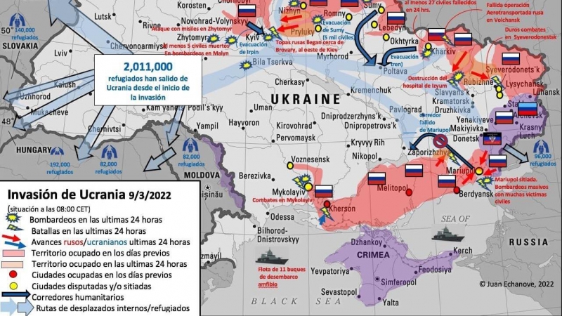 Mapa de Ucrania que muestra el avance de las tropas rusas y las principales batallas y bombardeos en el país.