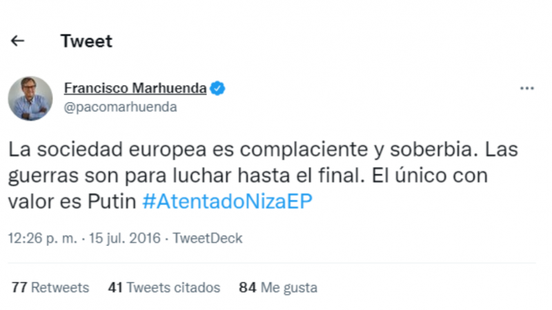 Captura de un tuit de Paco Marhuenda alabando a Putin