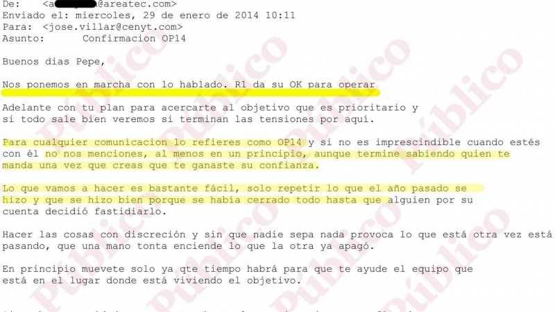 Mensaje del agente secreto alias “Aquiles” dando a Villarejo la luz verde del director del CNI, general Sanz Roldán, para “operar” y “acercarte al objetivo” que denomina “OP14” y es el traficante de armas El Assir, amigo del rey emérito. / PÚBLICO