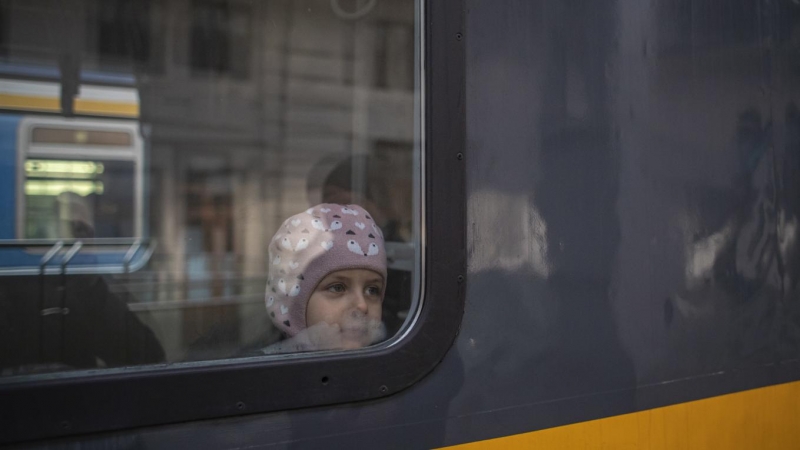 Un niño mira desde la ventana de un tren al llegar desde Przemysl, Polonia.