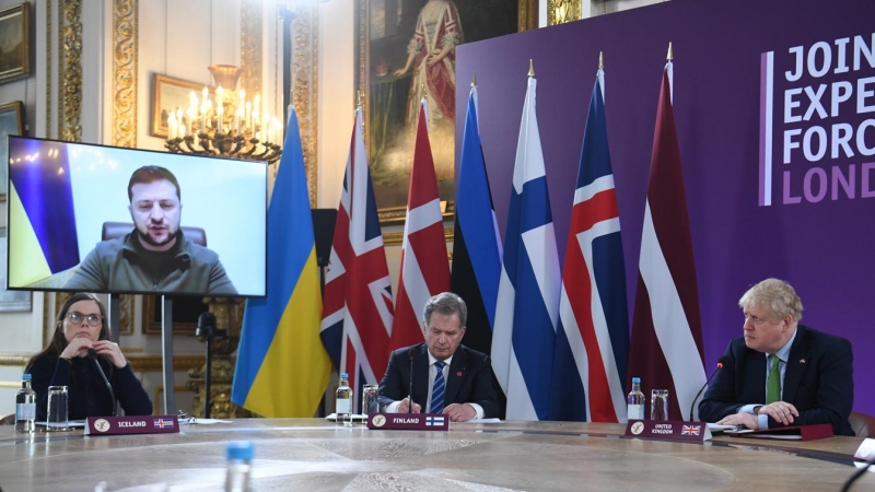 El presidente de Ucrania, Volodímir Zelenski, durante su intervención ante los miembros de la Fuerza Expedicionaria Conjunta.