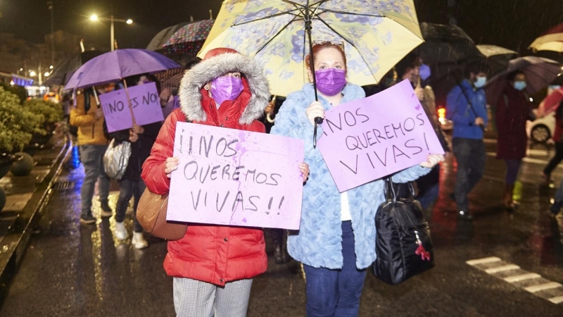 Un par de mujeres con pancartas contra la violencia machista en la manifestación del 25-N, en Santander. E.P./Juan Manuel Serrano Arce