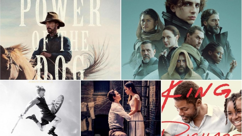 16/03/2022 - De izquierda a derecha y de arriba a abajo, carteles de las películas 'El poder del perro', 'Dune', 'Belfast', 'West Side Story' y 'El método Williams', favoritas para los Premios Oscars 2022.