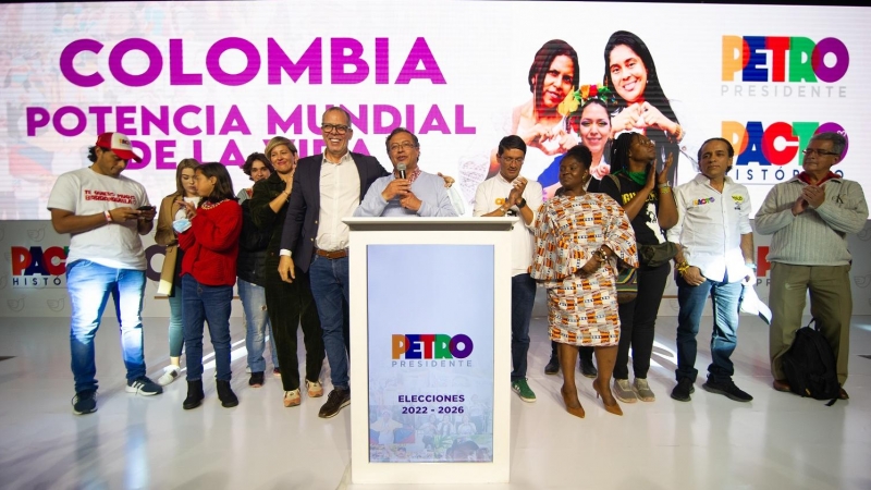 22/03/22. El candidato a la presidencia de Colombia, Gustavo Petro, en el acto de celebración tras conocer el resultado en las elecciones.