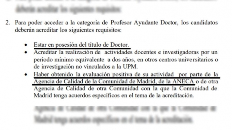 Apartado del reglamento de la UPM sobre los requisitos para la contratación de profesores ayudantes doctores.