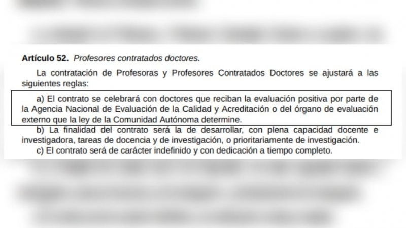 Artículo 52 de la Ley de Universidades en el que se explican las reglas para los profesores contratados doctores.