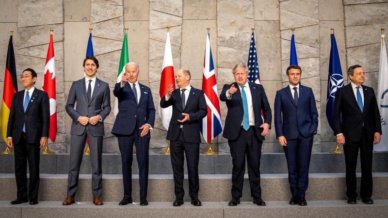 Foto de familia de los líderes de los países del G-7, reunidos en Bruselas. De izquierda a derecha, el primer ministro de Japón, Fumio Kishida, el de Canadá, Justin Trudeau, el presidente de EEUU, Joe Biden, el canciller alemán, Olaf Scholz, el primer min
