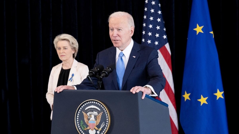 25/03/2022 El mandatario de Estados Unidos, Joe Biden, comparece tras reunirse con la presidenta de la Comisión Europea, Ursula Von der Leyen, en Bruselas