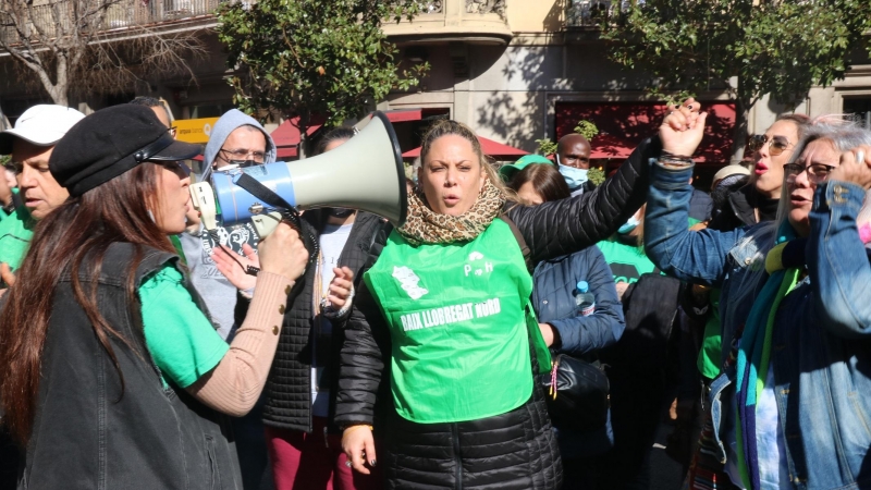 Manifestants de la PAH llancen proclames en una protesta contra la Sareb.