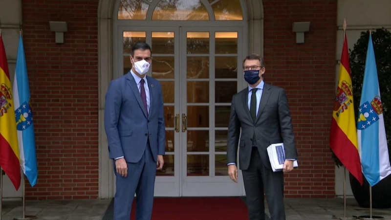 El presidente del Gobierno, Pedro Sánchez, junto al nuevo líder del PP, Alberto Nuñez Feijóo, en un encuentro en Moncloa celebrado en enero de 2021.