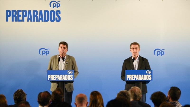 11/03/2022 El líder del PP, Alberto Núñez Feijóo, y el presidente del PPCV, Carlos Mazón, comparecen en un encuentro con simpatizantes del partido, en el MuVIM - Museo Valenciano de la Ilustración y Modernidad