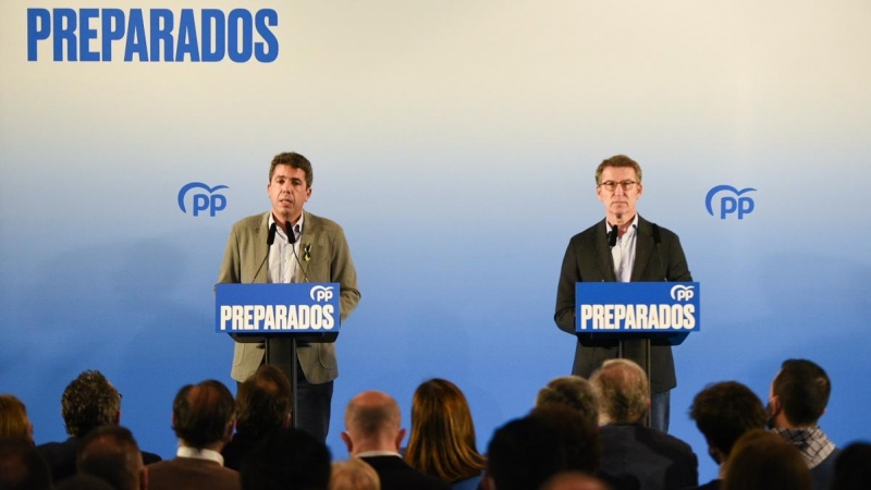 11/03/2022 El líder del PP, Alberto Núñez Feijóo, y el presidente del PPCV, Carlos Mazón, comparecen en un encuentro con simpatizantes del partido, en el MuVIM - Museo Valenciano de la Ilustración y Modernidad