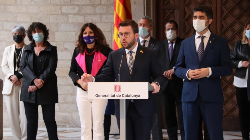 El president de la Generalitat, Pere Aragonès, durant la compareixença posterior a la reunió del Govern per abordar la resposta al 'Catalangate'.