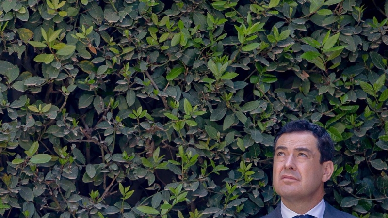 El presidente de la Junta de Andalucía, Juanma Moreno, en la rueda de prensa posterior al Consejo de Gobierno en el Museo Picasso de Málaga a 19 de abril del 2022 en Málaga.