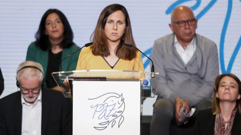 La secretaria general de Podemos y ministra de Derechos Sociales y Agenda 2030, Ione Belarra, participa junto a representantes políticos europeos y estatales del Movimiento Europeo por la Paz
