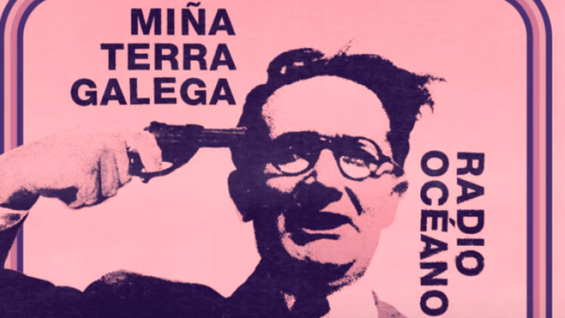 26/4/2022 Carátula de la versión de 'Miña terra galega' de Radio Océano, con Castelao apuntando un revolver a su sien